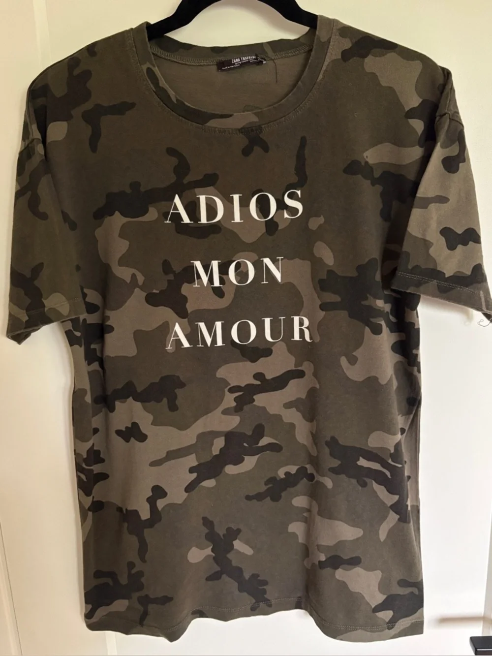 Zara Olive Green Camo 'Adios Mon Amour' Short Sleeve Tee - Picture 1 of 4